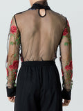 Mens Floral Embroidered Tie Neck Mesh T-Shirt SKUK36409