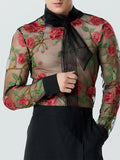 Mens Floral Embroidered Tie Neck Mesh T-Shirt SKUK36409