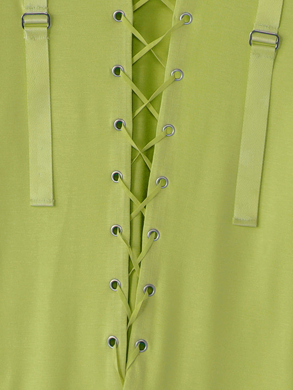 Mens Tie-Up Interwoven Hollow-Out Long Sleeve T-Shirt SKUK95749