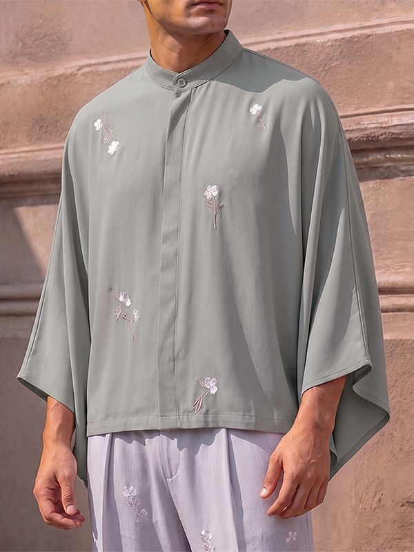 Men's Zen Minimalist Tea Gathering Floral Branch Print Kimono Sleeve Stand Collar Shirt SKUL85445