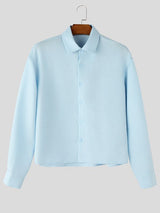 Men's High-Street Minimalist Aesthetic Structured Bamboo Slub Textured Cropped Long Sleeve Shirt SKUL73658