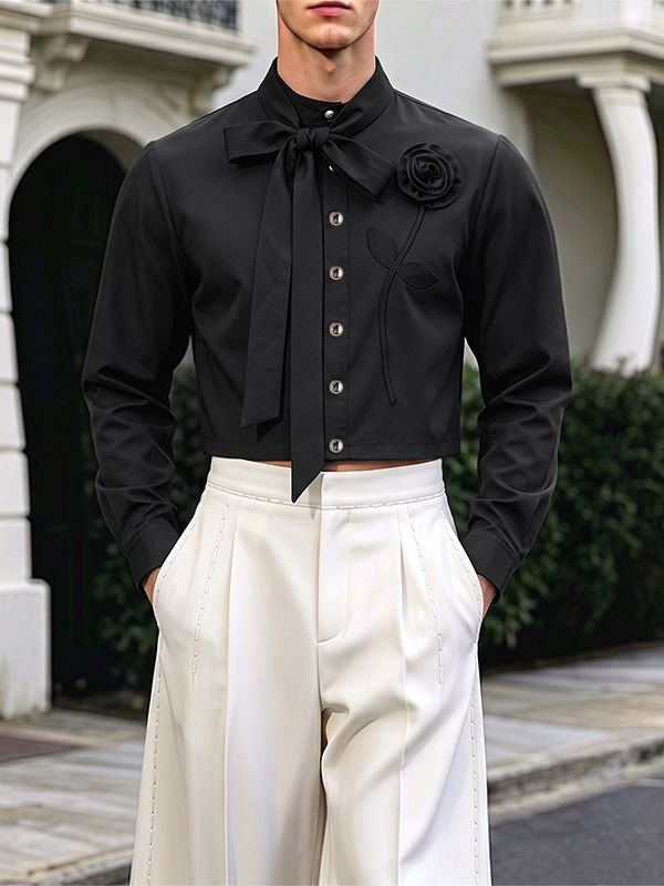 Men's Avant-Garde Runway 3D Rose Flower Applique Cascading Bow Tie Long Sleeve Waist Length Cropped Jacket SKUL81826