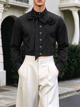 Men's Avant-Garde Runway 3D Rose Flower Applique Cascading Bow Tie Long Sleeve Waist Length Cropped Jacket SKUL81826