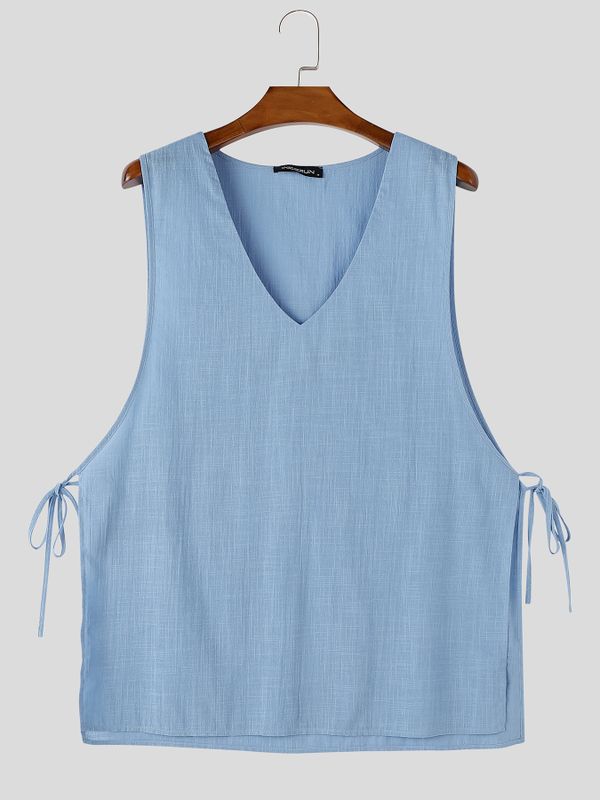 Men's Summer Beach Linen Deep V-Neck Open Side Tie-Knot Tank SKUL68413
