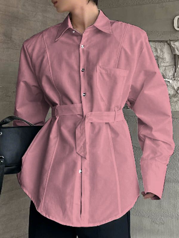 Men's Solid Belt Patchwork Long Sleeve Shirt SKUL32852