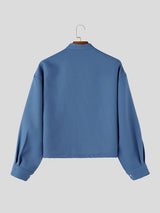Men's Clean Fit 3D Rose Flower Patch Pocket Waffle Texture Long Sleeve Band Collar Shirt SKUL82419