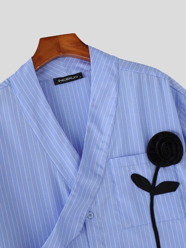 Men's 3D Black Rose Patch Pinstriped Overlap Shirt SKUL63258