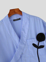 Men's 3D Black Rose Patch Pinstriped Overlap Shirt SKUL63258