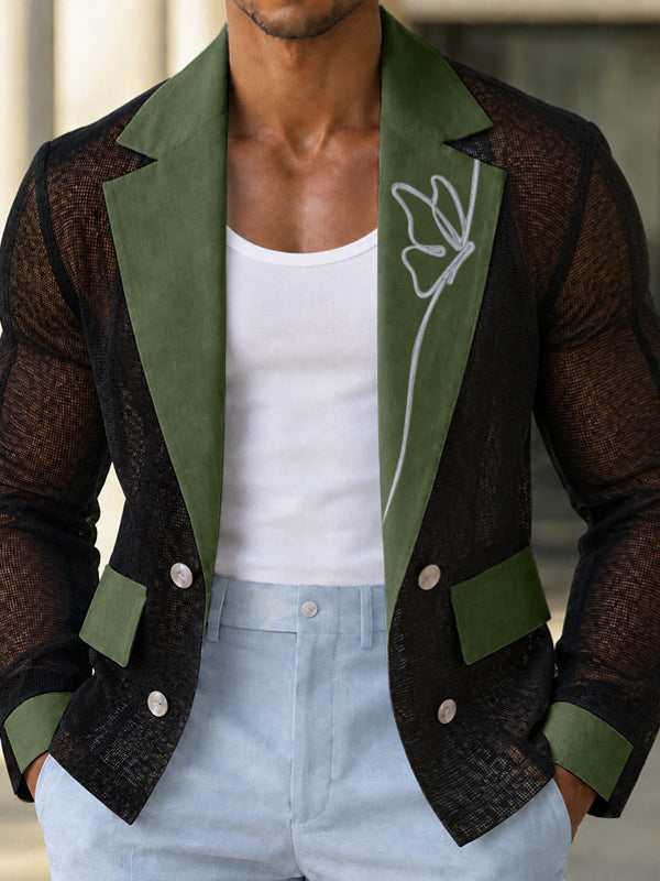 [Pre-order] Men's Vacation Resort Beach Party Butterfly Embroidered Sheer Mesh Contrast Lapel Blazer SKUL89036