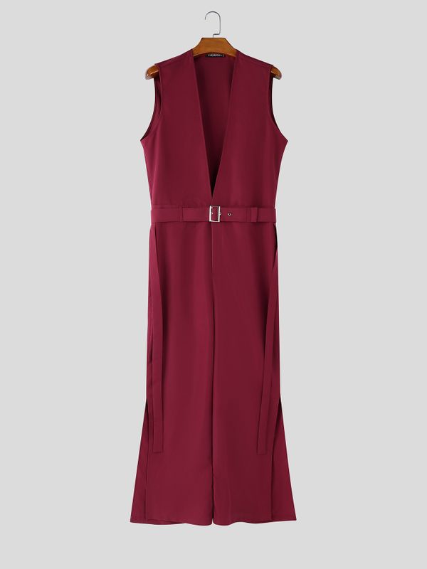 Men's Solid Color Deep V Neck Slit Jumpsuit SKUL55619