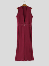 Men's Solid Color Deep V Neck Slit Jumpsuit SKUL55619