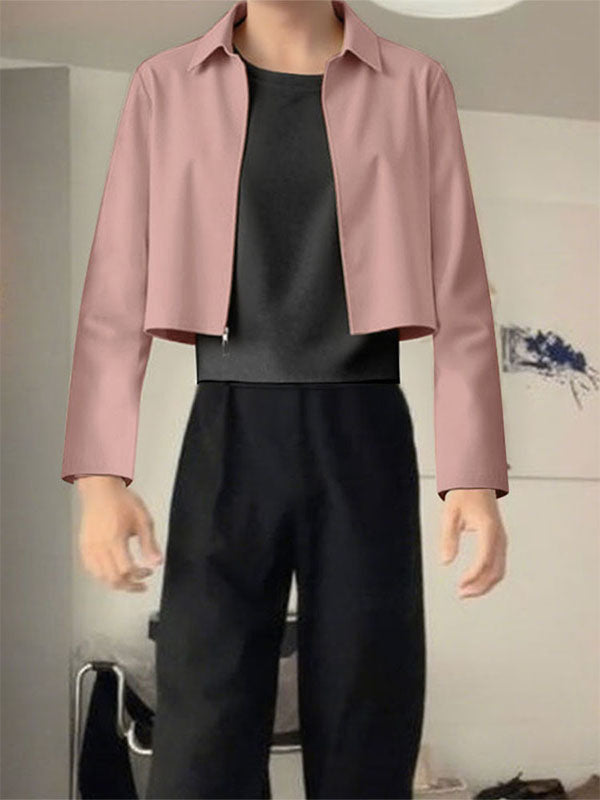 Men's Solid Color Zip Cropped Long Sleeve Jacket SKUL29607