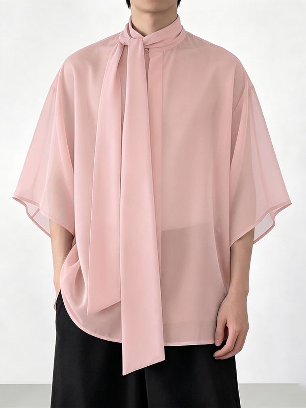 Men's Avant-Garde New Romanticism Sheer Organza Long Pussy-Bow Shirt SKUL68398