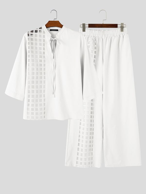 Men's Bohemian Resort Beach Vacation Hollow Cutout Grid Lace-Up Two Pieces Outfit SKUL84806