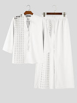 Men's Bohemian Resort Beach Vacation Hollow Cutout Grid Lace-Up Two Pieces Outfit SKUL84806