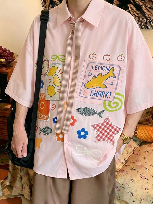 Men's Harajuku Streetwear Doodle Patchwork Short Sleeve Shirt SKUL69086