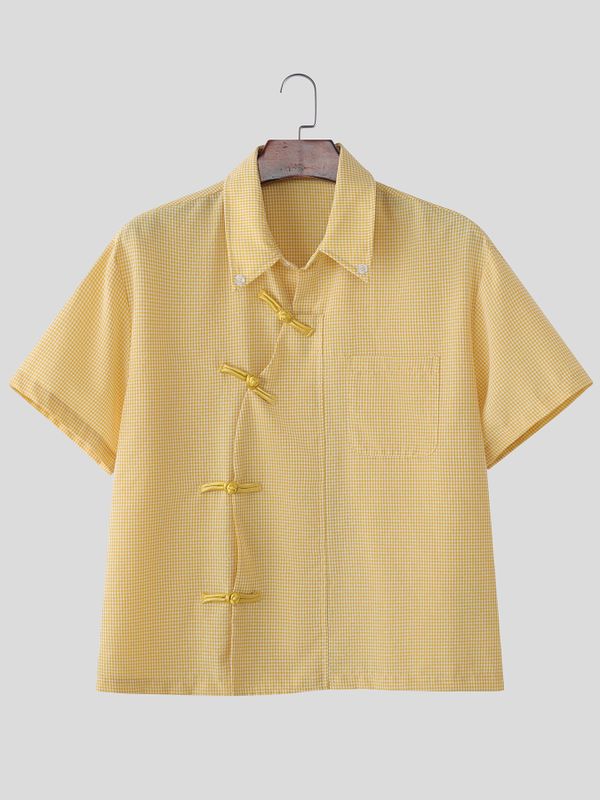 Men's Asymmetric Placket Plaid Frog Button Short Sleeve Shirt SKUL58788