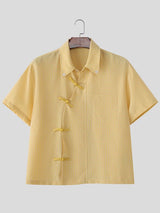 Men's Asymmetric Placket Plaid Frog Button Short Sleeve Shirt SKUL58788