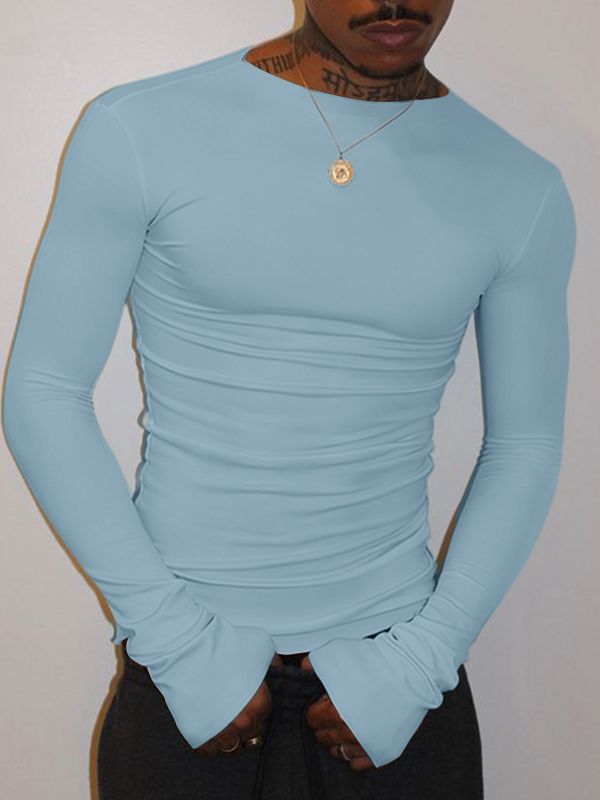 Men's Solid Color Knit Long Sleeve T-shirt SKUL42797