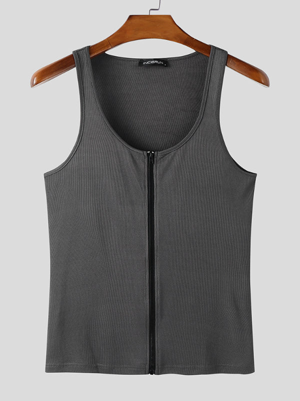 Mens Solid Color Textured Zipper Casual Tank SKUL18002