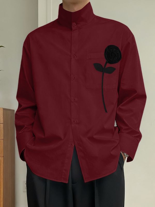 Men's Solid Color 3D Floral Patchwork Stand Collar Long Sleeve Shirt SKUL42665