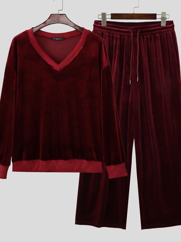 Men's Solid Color Casual V Neck Two Piece Outfit SKUL50056