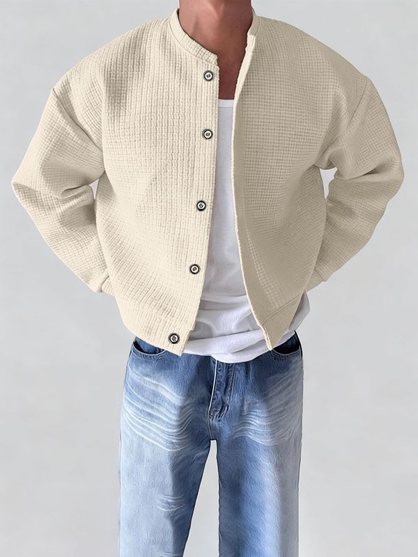 Men's Textured Cropped Stand Collar Long Sleeve Jacket SKUL37282