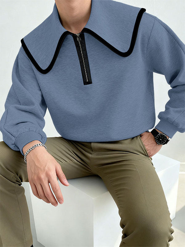 Men's Contrast Trim Half Zipper Oversized Collar Sweatshirt SKUL48665