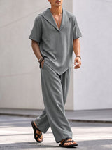 Men's Minimalist Resort Wide Collar Asymmetrical Hem Two Pieces Outfit SKUL74891