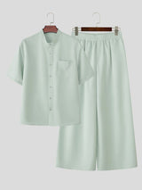Men's Vintage Modern Chinese Mandarin Collar Solid Color Two Pieces Outfit SKUL71427