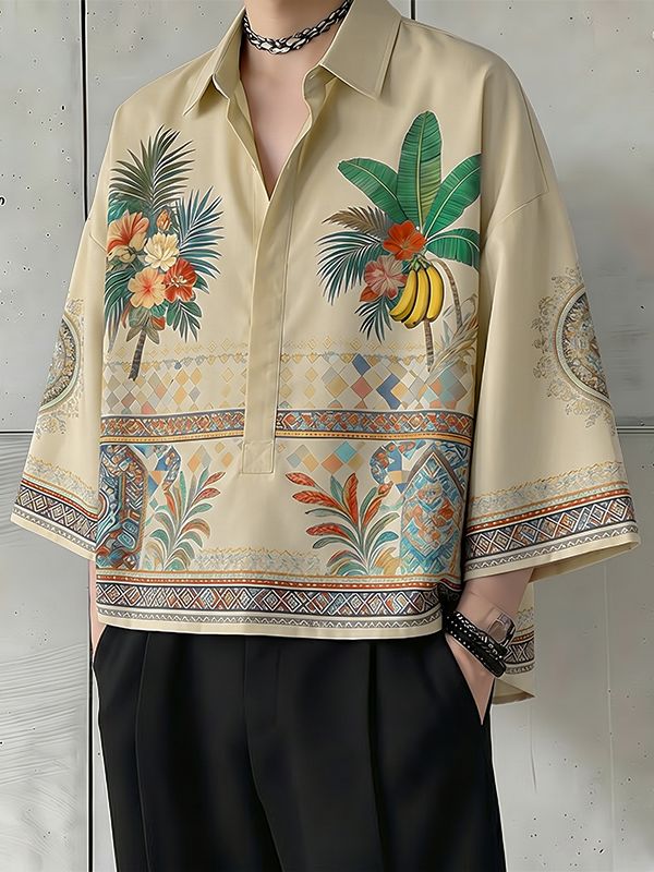 Men's Bohemian Tropical Print Oversized 3/4 Sleeve Pullover Shirt SKUL67355