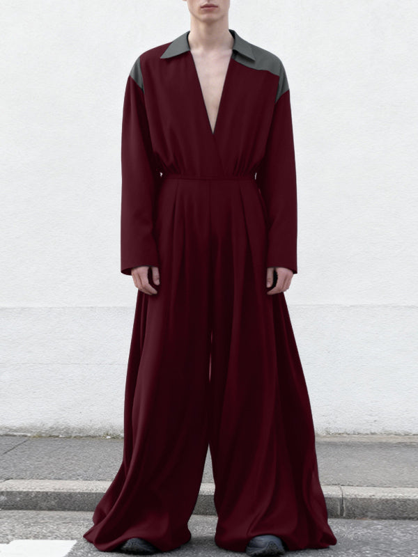 Men's Contrast Color Patchwork Loose Fit Long Sleeve Jumpsuit SKUL53174