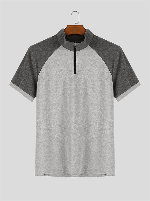 Men's Colorblock Half-Zip Stand Collar Short Sleeve T-Shirt SKUL25104