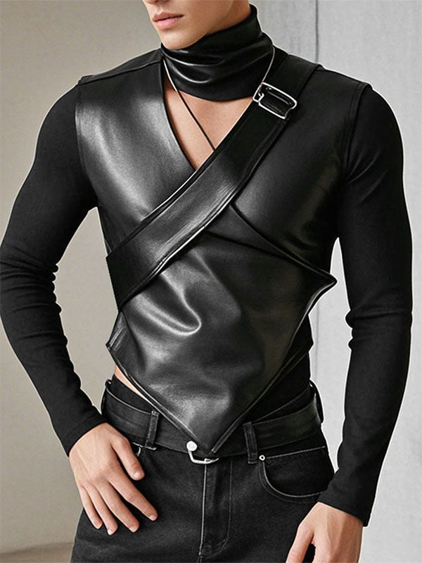 Mens Cut-Out Design Faux Leather Long Sleeve T-Shirt SKUK95931 – INCERUNMEN