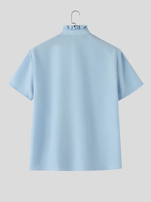 Men's Solid Color Ruffle Patchwork Short Sleeve Shirt SKUL57656