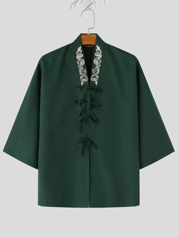 Men's New Chinese Style Print V-Neck Tie-Front Cardigan SKUL62028
