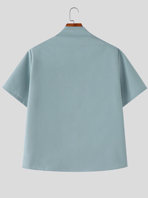Men's Deconstructed Double Placket Button Short Sleeve Shirt SKUL59792