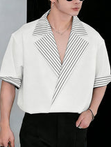 Men's Avant-Garde Contrast Stripe Oversized Notched Lapel Short Sleeve Shirt SKUL60167