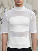 Men's Avant-Garde Sheer Mesh Paneled Mock Neck T-shirt SKUL63115