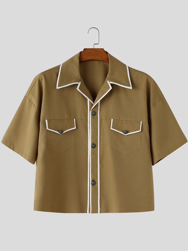 Men's Retro Camp Collar Piping Detail Boxy Short Sleeve Shirt SKUL60610