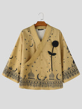 Men's Avant-Garde Starry Night & Castle Print 3D Applique Rose Short Sleeve Shirt SKUL61936