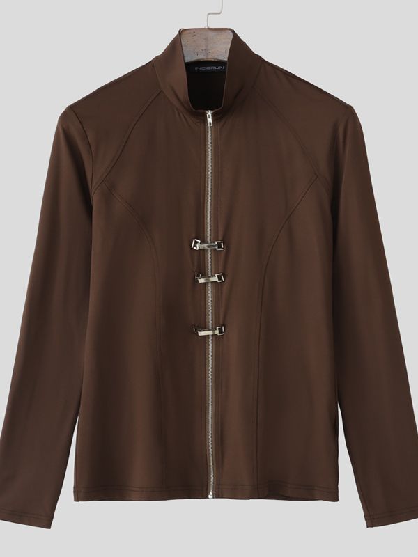 Men's Solid Color Knit Zip Long Sleeve T-shirt SKUL42806