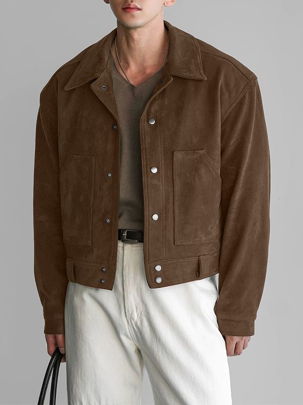 Men's Faux Suede Loose Cropped Long Sleeve Jacket SKUL33858