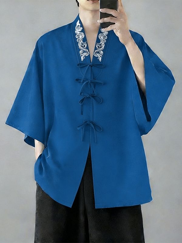 Men's New Chinese Style Print V-Neck Tie-Front Cardigan SKUL62028
