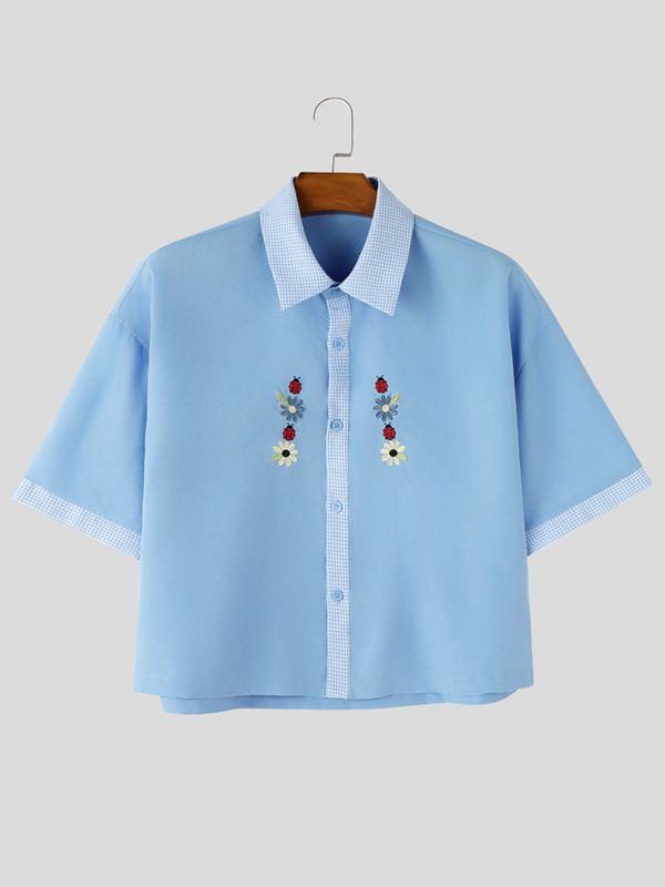Men's Japanese Casual Floral Print Boxy Cropped Short Sleeve Shirt SKUL74581