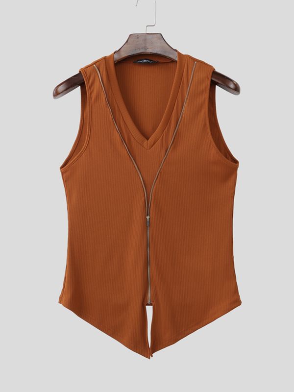Men's Avant-Garde Ribbed V-Neck Full-Length Zipper Tank SKUL61920