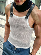 Men's Techwear Avant-Garde Adjustable Leather Buckle Strap Sheer Fishnet Mesh Tank SKUL63147