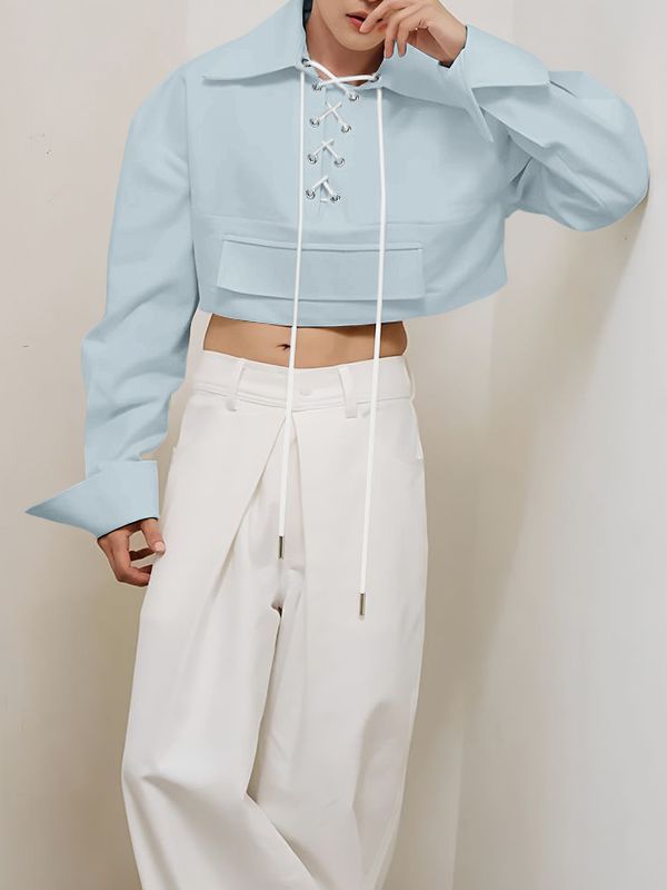 Men's Drawstring Tie Cropped Long Sleeve Shirt SKUL34230
