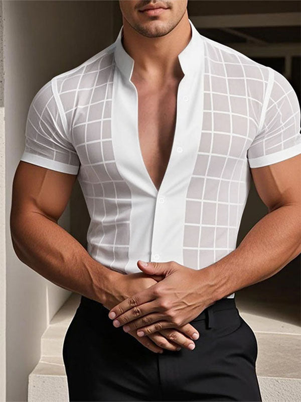 Men's Sheer Mesh Plaid Short Sleeve Shirt SKUL17952