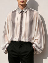 Men's Retro Early Autumn Sheer Stripe Contrast Polka Dot Lantern Long Sleeve Lapel Collar Shirt SKUL77321